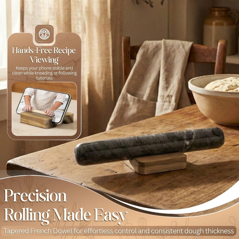 Flexzion Dowel Rolling Pin, 11-inch Black Marble with Wooden Holder Base Stand, Marble Rolling Pin for Baking Pastry Pizza Dough Roller Fondant Cookie Pie Crust Pasta Bakery Roller Pin - Image 4